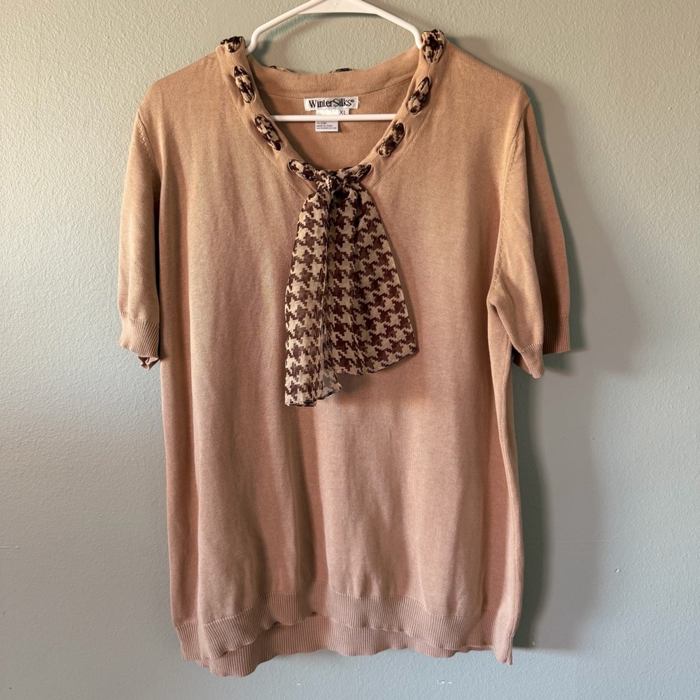 WinterSilks Silk Blend Neutral Knit Blouse Top with Scarf Tie Detail Size XL